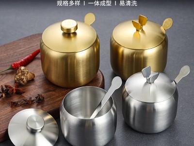韓式304不銹鋼調(diào)味瓶罐廚房辣椒醬油罐鹽罐帶勺調(diào)料盒創(chuàng)意金色罐